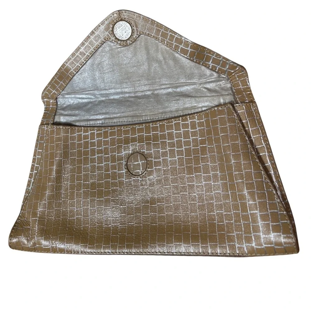 Jasper &‎ Jeera Leather Envelope Clutch Tan Silver Metallic Grid Evening Bag
